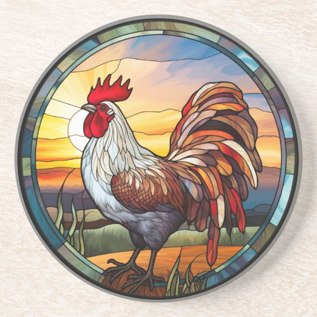 Sweet Stained Glass Chickens Rooster and Sunrise Coaster (Front)