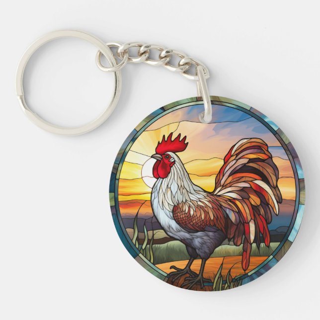 Sweet Stained Glass Chickens Rooster and Sunrise Keychain (Front)