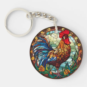Sweet Stained Glass Chickens Rooster  Keychain