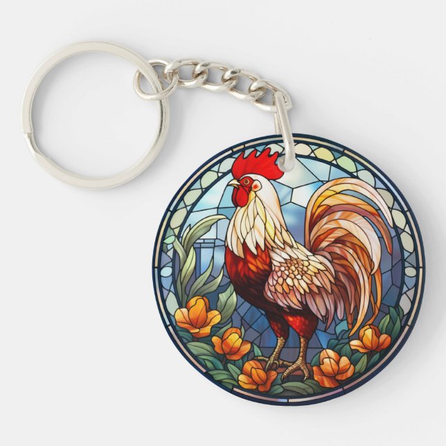 Sweet Stained Glass Chickens Rooster Keychain (Front)
