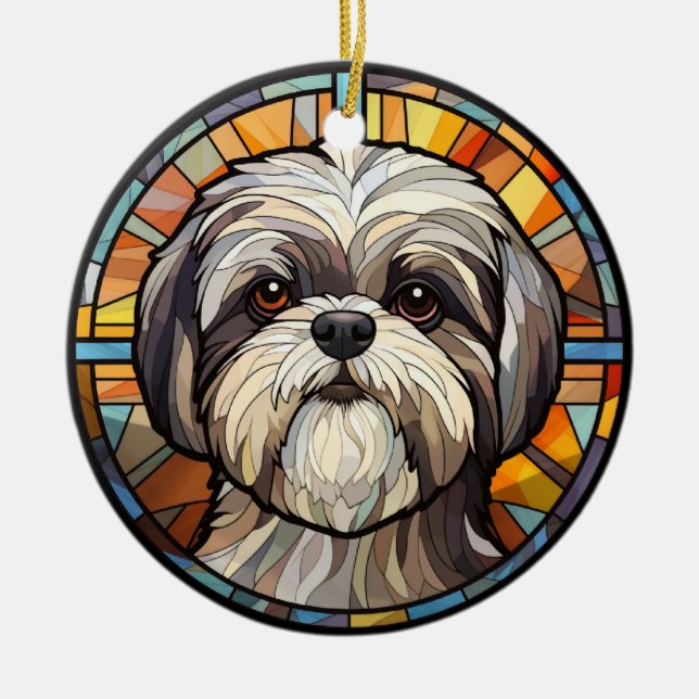 Sweet Stained Glass Dog Shih Tsu Ceramic Ornament (Front)