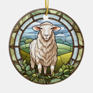 Sweet Stained Glass Farm Sheep Lamb Ceramic Ornament