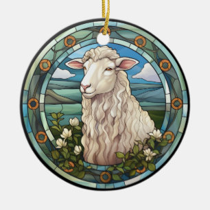 Sweet Stained Glass Farm Sheep Lamb Ceramic Ornament