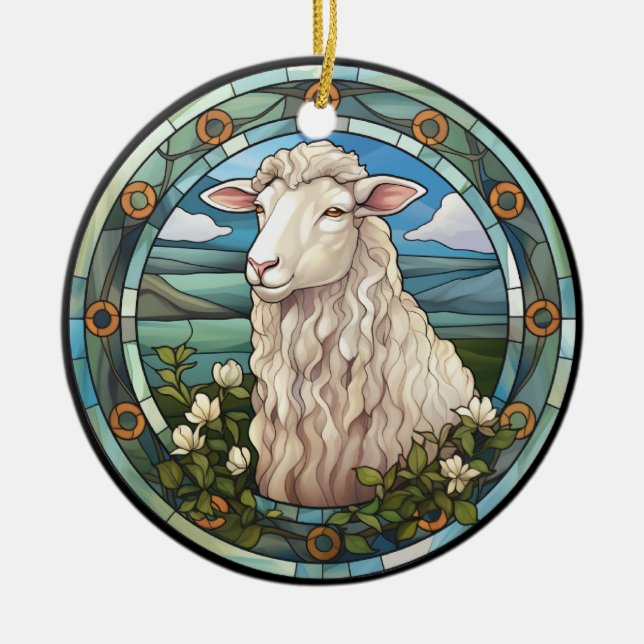 Sweet Stained Glass Farm Sheep Lamb Ceramic Ornament (Front)