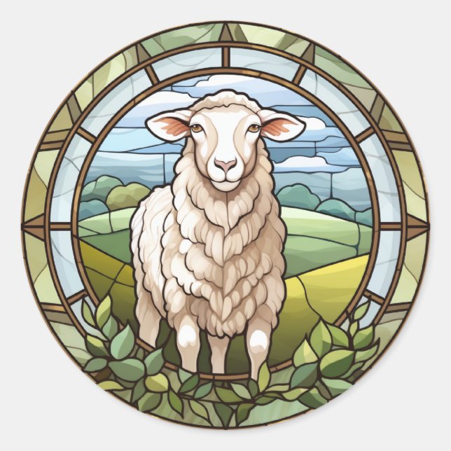 Sweet Stained Glass Farm Sheep Lamb Classic Round Sticker (Front)