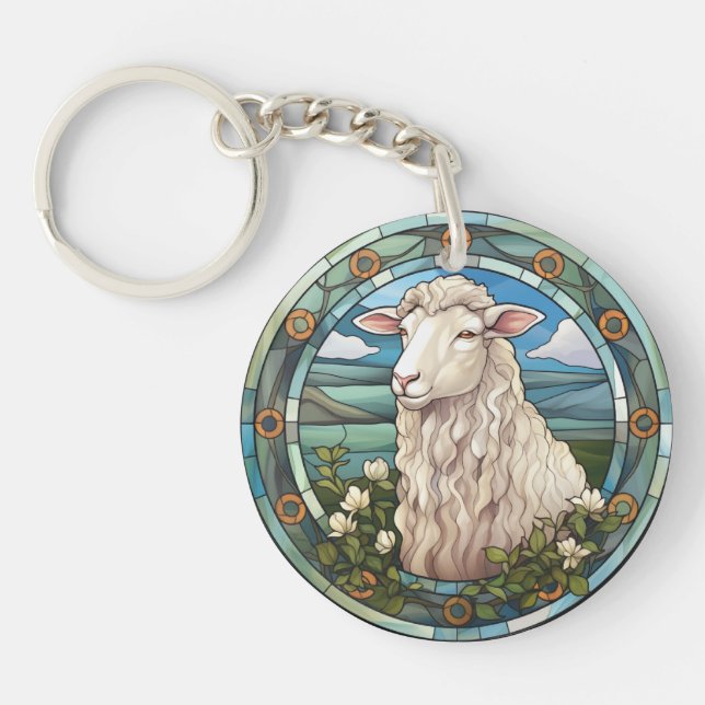 Sweet Stained Glass Farm Sheep Lamb Keychain (Front)
