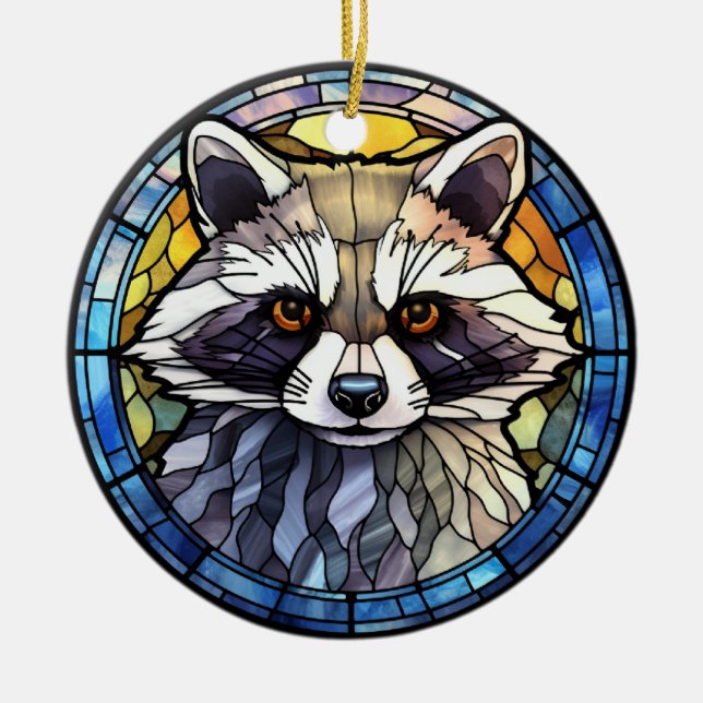 Sweet Stained Glass Frisky Raccoon Ceramic Ornament (Front)