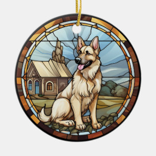Sweet Stained Glass German Shepherd Dog Ceramic Ornament