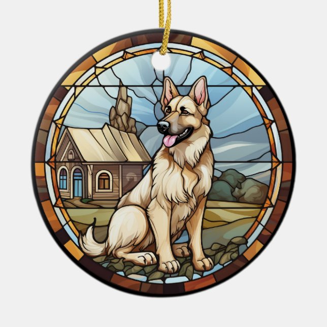Sweet Stained Glass German Shepherd Dog Ceramic Ornament (Front)