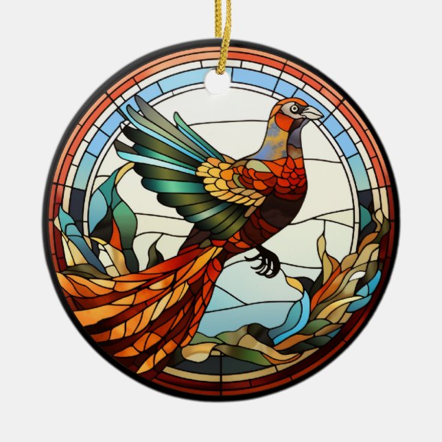 Sweet Stained Glass Golden Pheasant Ceramic Ornament (Front)