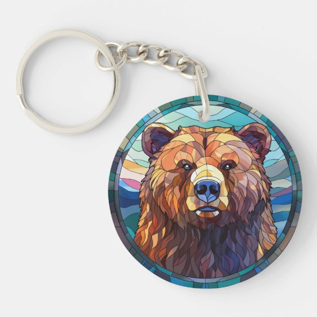 Sweet Stained Glass Grizzly Bear Keychain (Front)