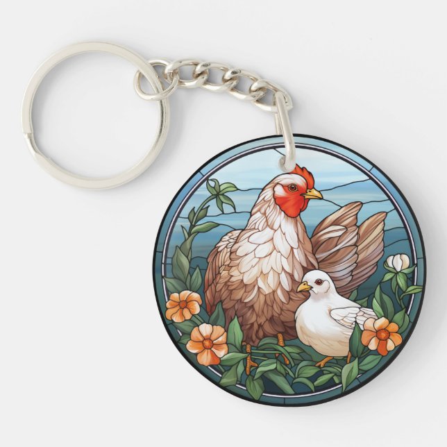 Sweet Stained Glass Hen and Chick Keychain (Front)
