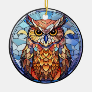 Sweet Stained Glass Owl Ceramic Ornament