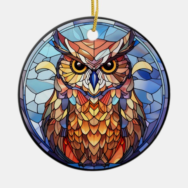 Sweet Stained Glass Owl Ceramic Ornament (Front)