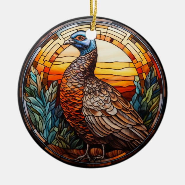 Sweet Stained Glass Pheasant Hen Ceramic Ornament (Front)