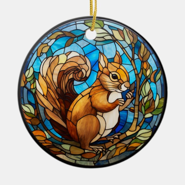 Sweet Stained Glass Squirrel Ceramic Ornament (Front)