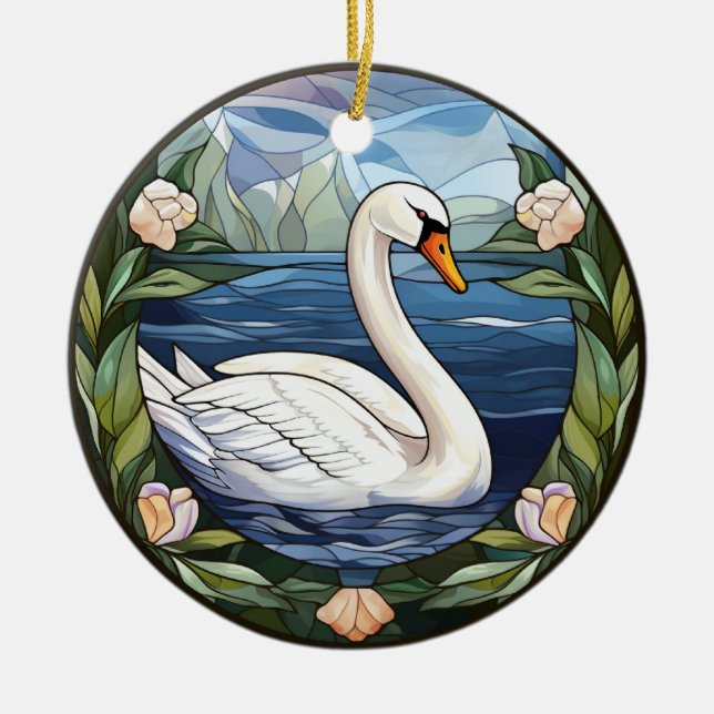 Sweet Stained Glass Swimming Swan Ceramic Ornament (Front)