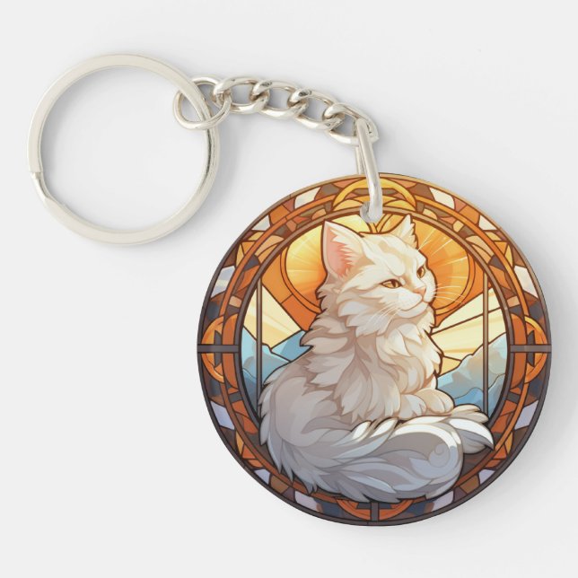 Sweet Stained Glass White Cat Keychain (Front)