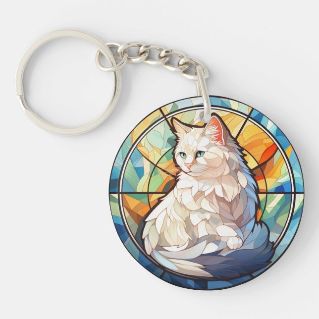 Sweet Stained Glass White Cat Keychain (Front)