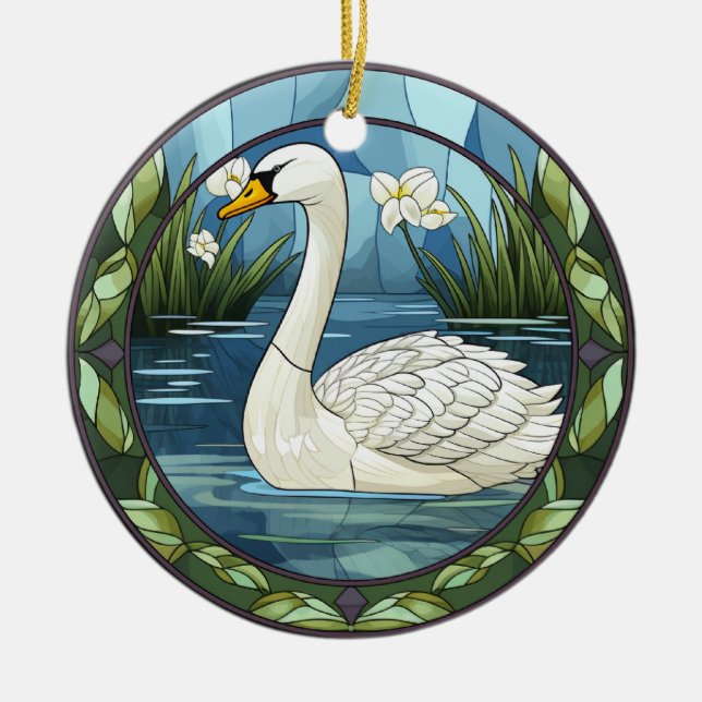 Sweet Stained Glass White Swan Ceramic Ornament (Front)