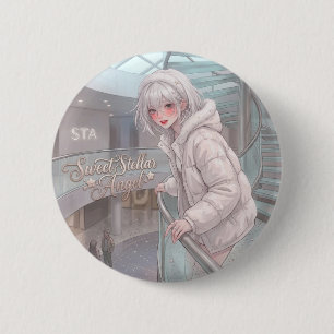 Sweet Stellar Angel: Silver Hair Anime Girl Winter Button
