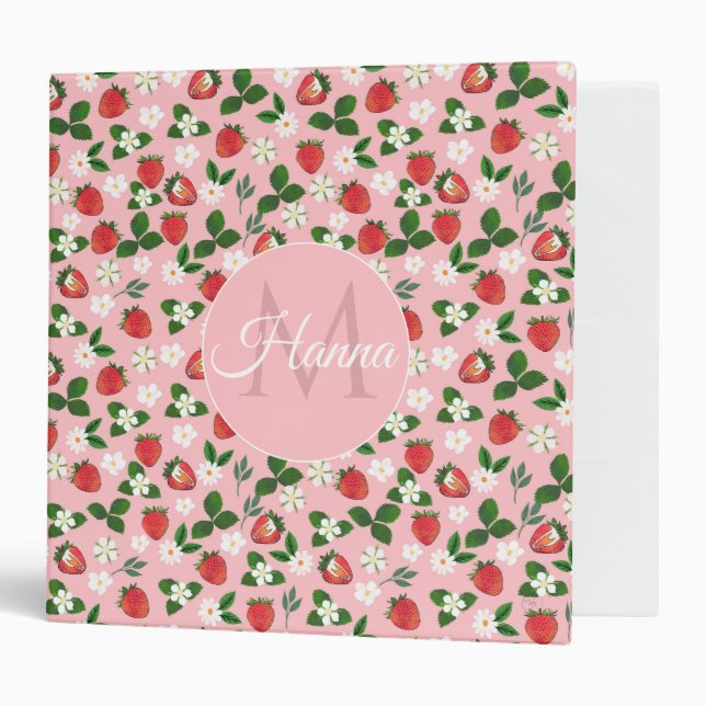 Sweet Strawberries Flowers Watercolor Floral 3 Ring Binder (Front/Inside)
