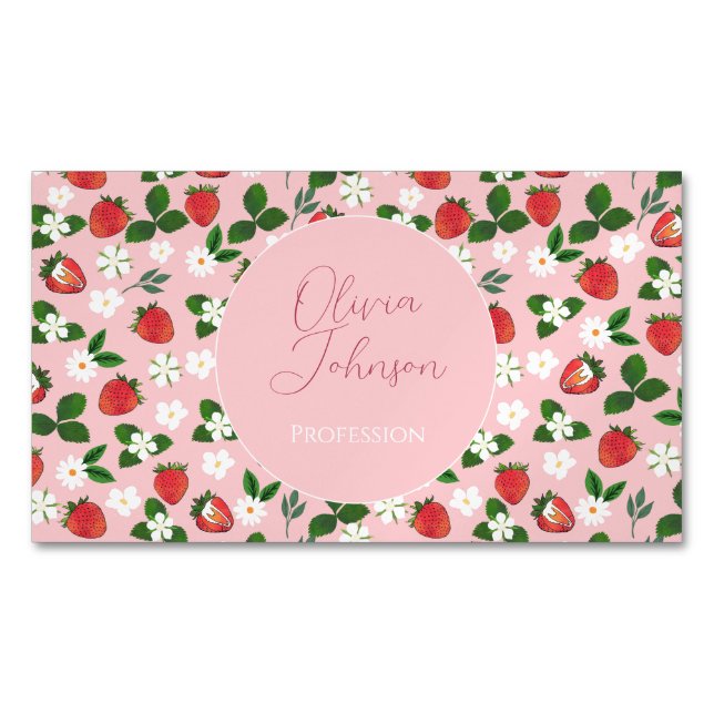 Sweet Strawberries Flowers Watercolor Floral Business Card Magnet (Front)