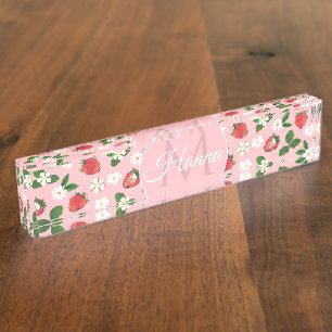 Sweet Strawberries Flowers Watercolor Floral Desk Name Plate