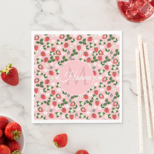 Sweet Strawberries Flowers Watercolor Floral Napkins