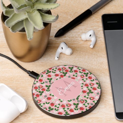 Sweet Strawberries Flowers Watercolor Floral  Wireless Charger