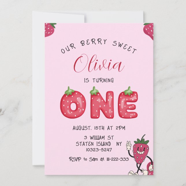 Sweet Strawberry 1st Birthday Photo Invitation (Front)