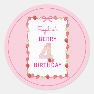 Sweet Strawberry 4th Birthday Invitation Classic Round Sticker
