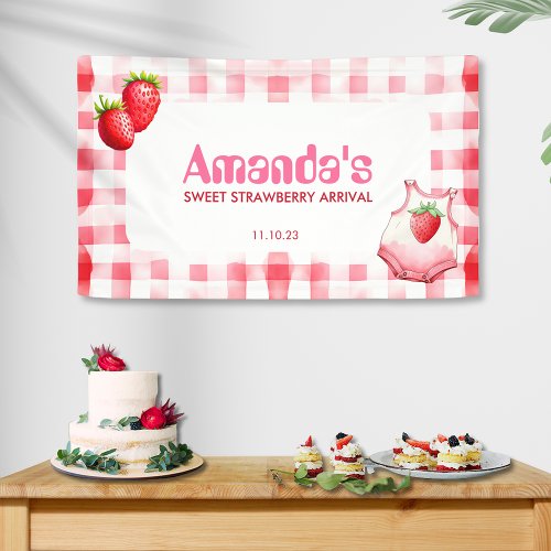 Sweet Strawberry Arrival Gingham Baby Shower Pink  Banner