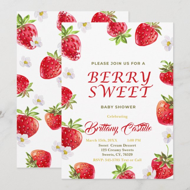 Sweet Strawberry Baby Shower  Invitation (Front/Back)