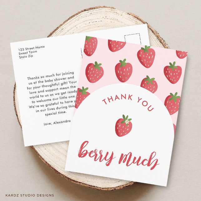 Sweet Strawberry Baby Shower Thank You Postcard (The front and back of the postcard are shown.)