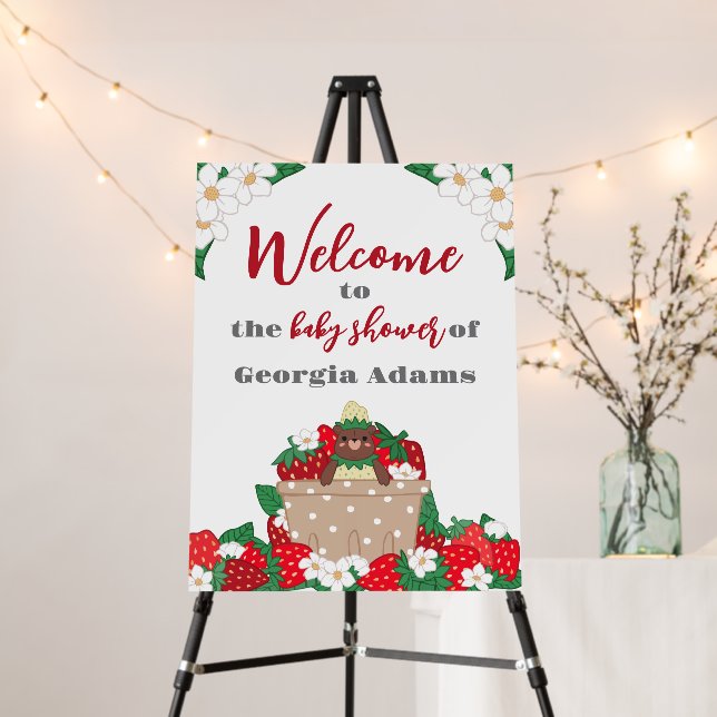 Sweet Strawberry Bear Neutral Baby Shower Welcome Foam Board (In Situ (Stand))