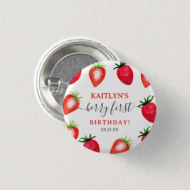 Sweet Strawberry Berry First 1st Birthday Button (Front & Back)