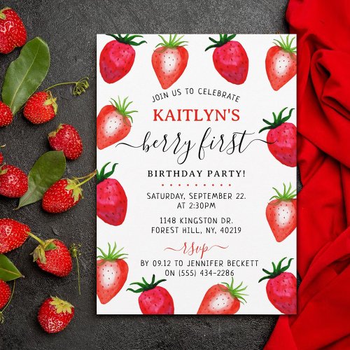 Sweet Strawberry Berry First 1st Birthday Invitation