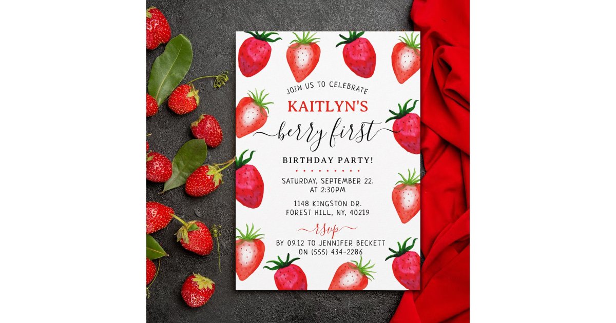 Sweet Strawberry Berry First 1st Birthday Invitation | Zazzle