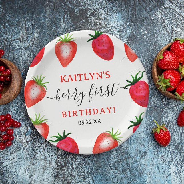 Sweet Strawberry Berry First 1st Birthday Paper Plates (Creator Uploaded)