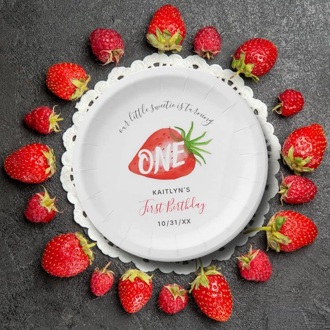 Sweet Strawberry Berry First 1st Birthday Paper Plates (Creator Uploaded)