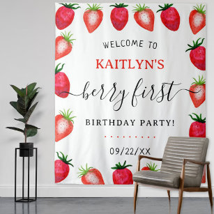 Sweet Strawberry Berry First 1st Birthday Party Tapestry