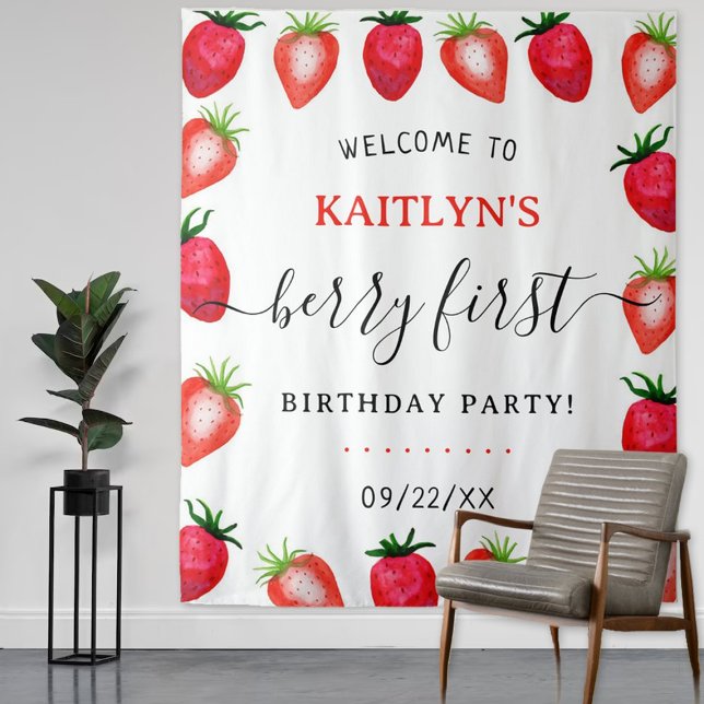 Sweet Strawberry Berry First 1st Birthday Party Tapestry (Creator Uploaded)