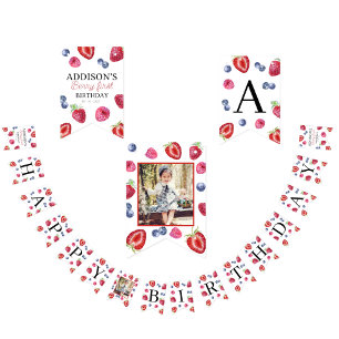 Sweet Strawberry Berry First 1st Birthday Photo Bunting Flags