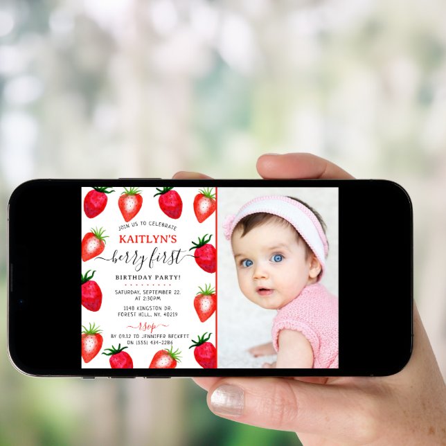 Sweet Strawberry Berry First 1st Birthday Photo Invitation (Front Digital)