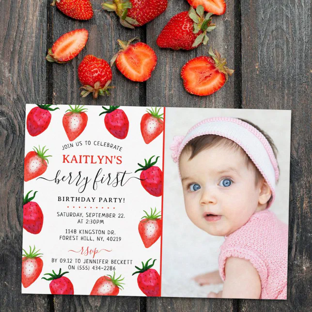 Sweet Strawberry Berry First 1st Birthday Photo Invitation | Zazzle