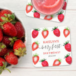 Sweet Strawberry Berry First 1st Birthday Square Paper Coaster<br><div class="desc">These sweet strawberry coasters are perfect for any little one celebrating a first Birthday this year. The design features hand painted watercolor strawberries and easy to personalize template wording. Matching party items can be found in the collection.</div>
