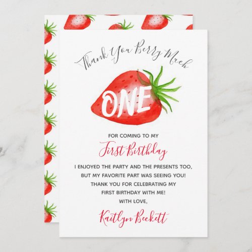 Sweet Strawberry Berry First 1st Birthday Thank You Card