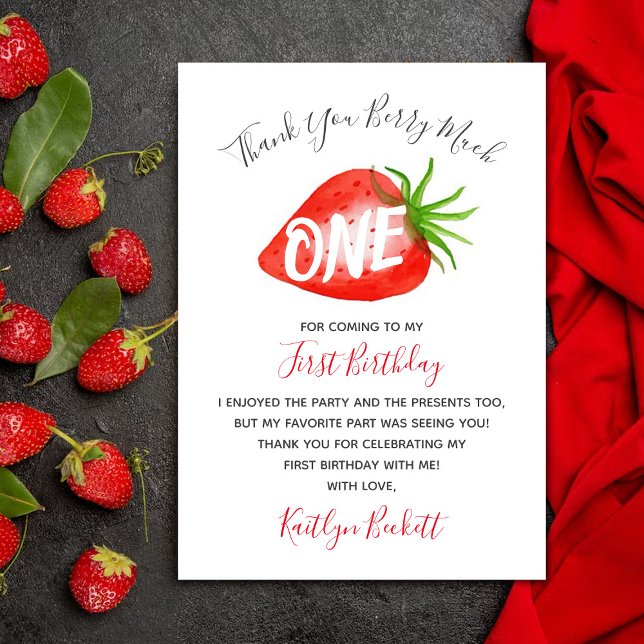 Sweet Strawberry Berry First 1st Birthday Thank You Card (Creator Uploaded)