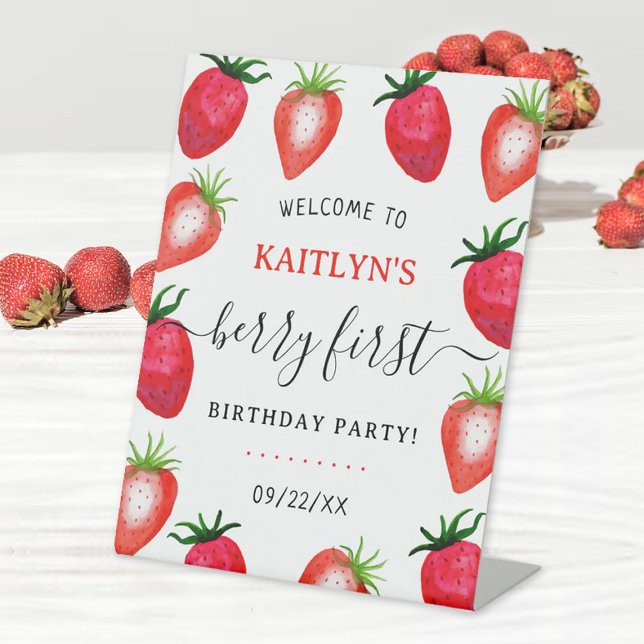 Sweet Strawberry Berry First 1st Birthday Welcome Pedestal Sign (Creator Uploaded)